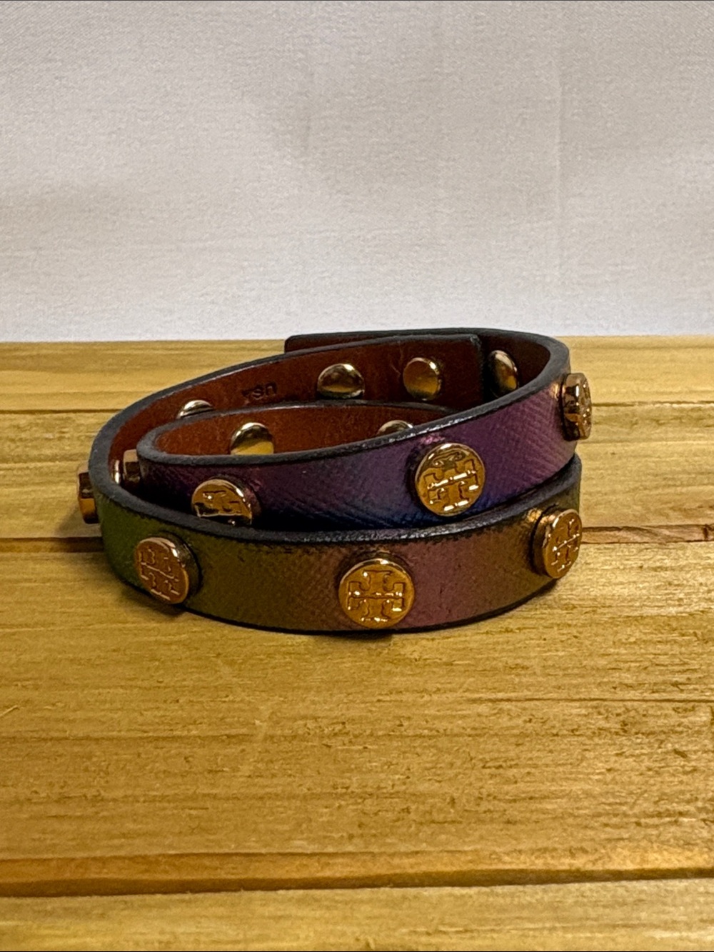Tory Burch Leather Stud Logo Wrap Bracelet Iridescent Multi Color